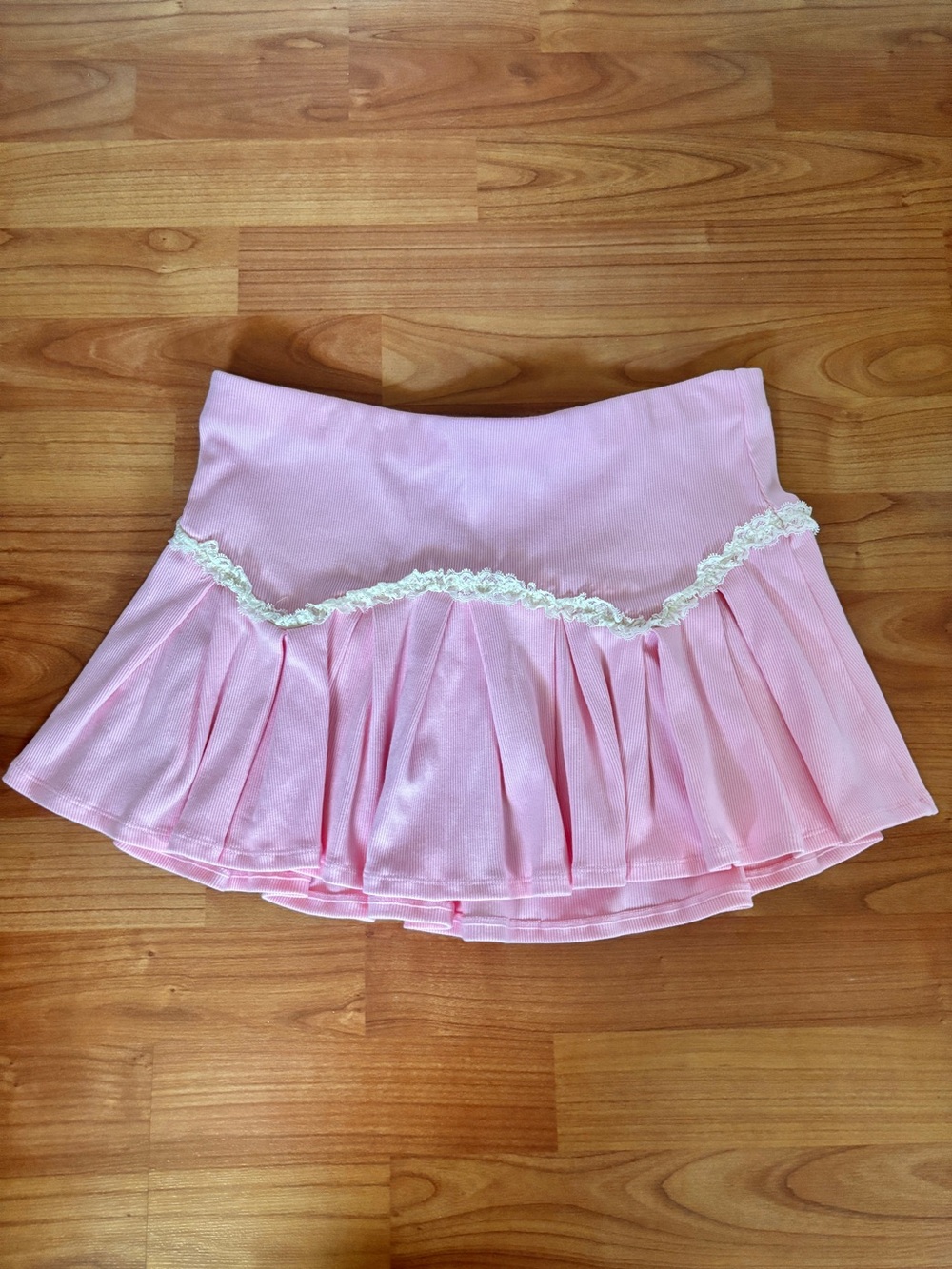 Light Pink Babydoll Coquette Pleated Mini Skirt with Lace Ruffle Trim